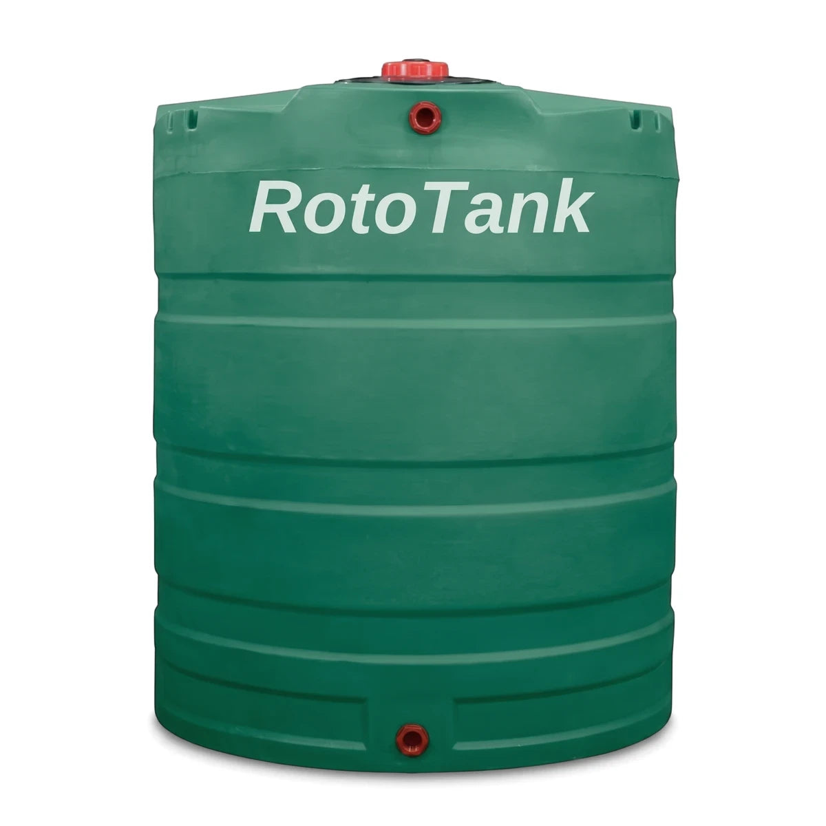 A green RotoTank 2500L PVC water tank with a red cap and bottom outlet, viewed from the front.