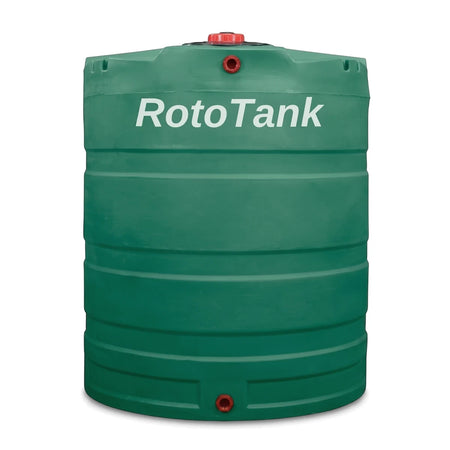 A green RotoTank 2500L PVC water tank with a red cap and bottom outlet, viewed from the front.