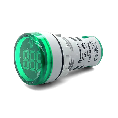 Green round digital temperature light, 0-199 degrees 50-380V, with white cylindrical body and clear display.
