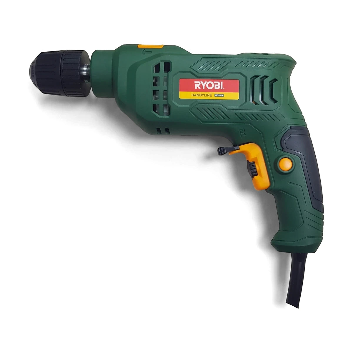 Green Ryobi 550W 10mm impact drill with variable speed and reversible function, a versatile handheld power tool.