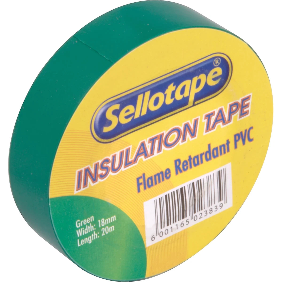 Green Sellotape PVC electrical insulation tape roll, flame retardant, with its yellow label showing product specifications