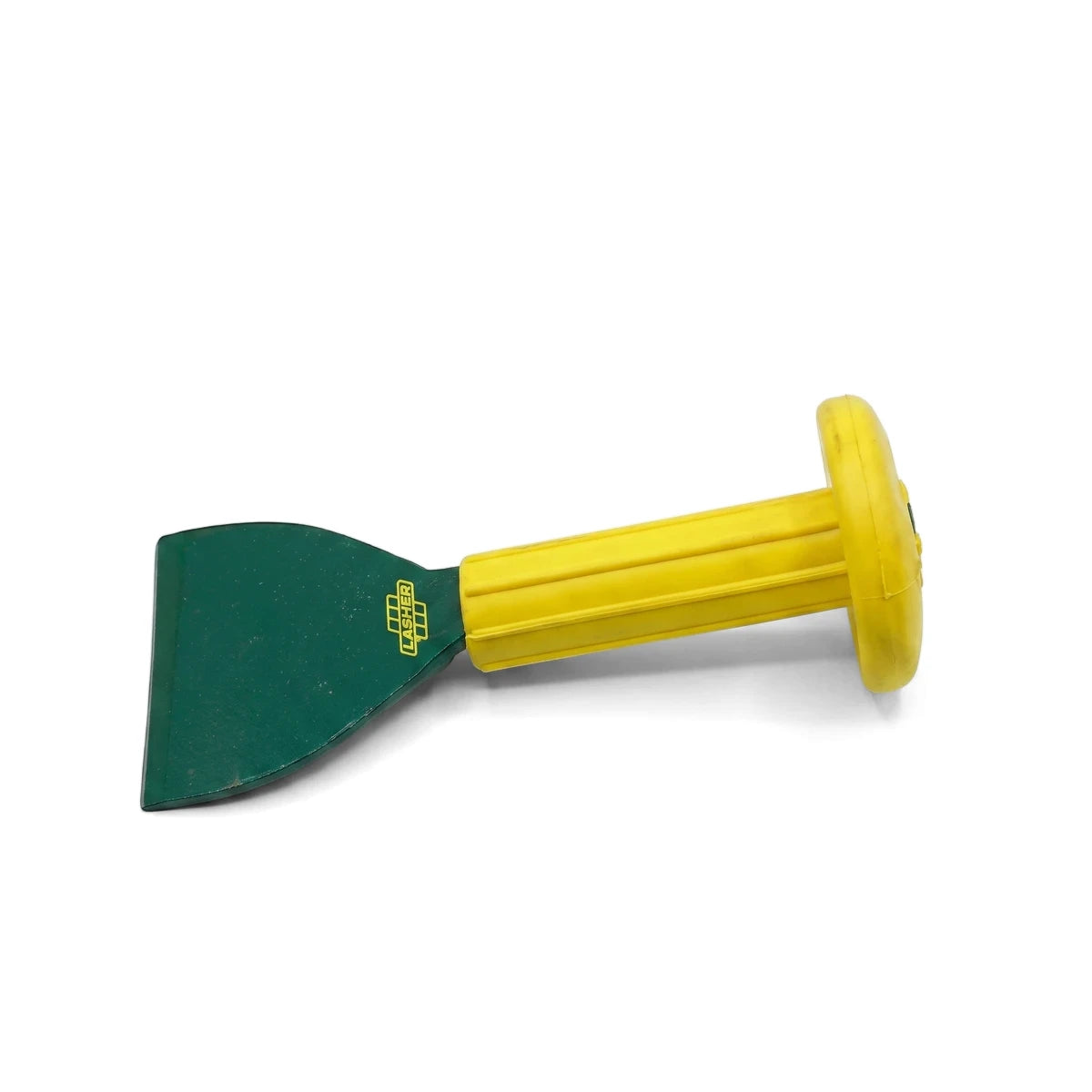Green and yellow 100mm brick bolster with a durable PVC grip for masonry and construction tasks, isolated on white.