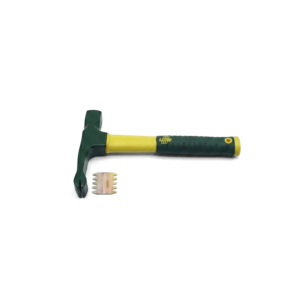 Green and yellow Ham Scutch and Brick Combo hammer with a textured grip and a separate metal scutch piece.