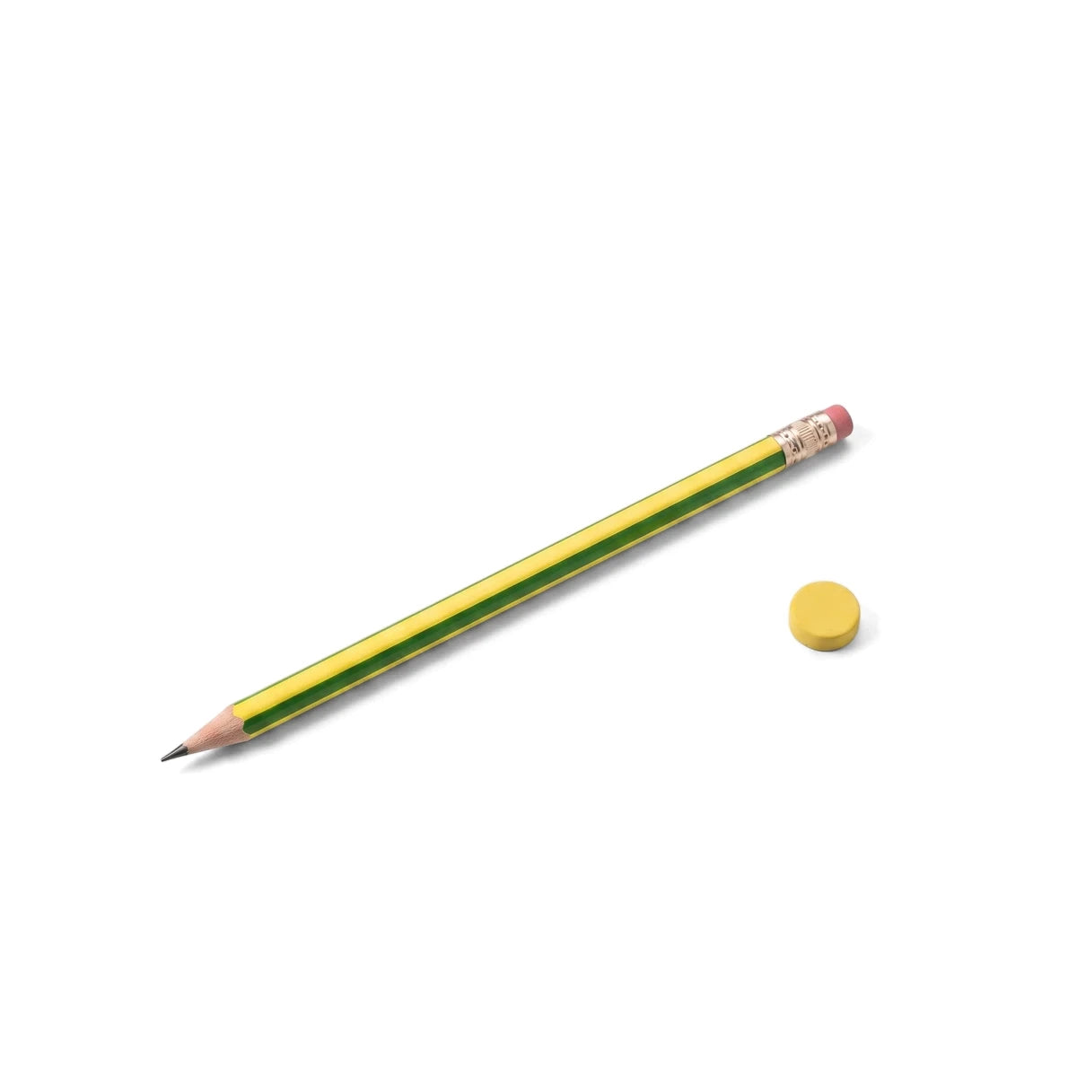 Green and yellow striped pencil with a pink eraser tip and a separate small round yellow eraser on a white background.