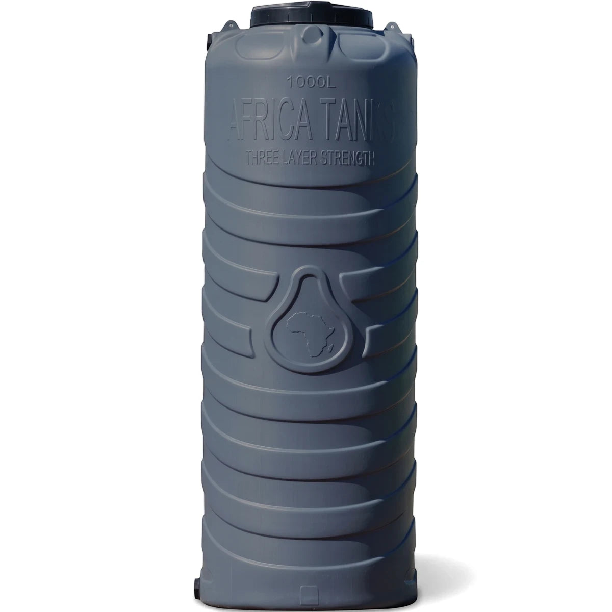 Grey 1000L slimline PVC water tank by Africa Tanks, featuring a ribbed cylindrical design and an embossed Africa map logo.