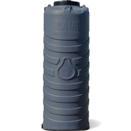 Grey 1000L slimline PVC water tank by Africa Tanks, featuring a ribbed cylindrical design and an embossed Africa map logo.
