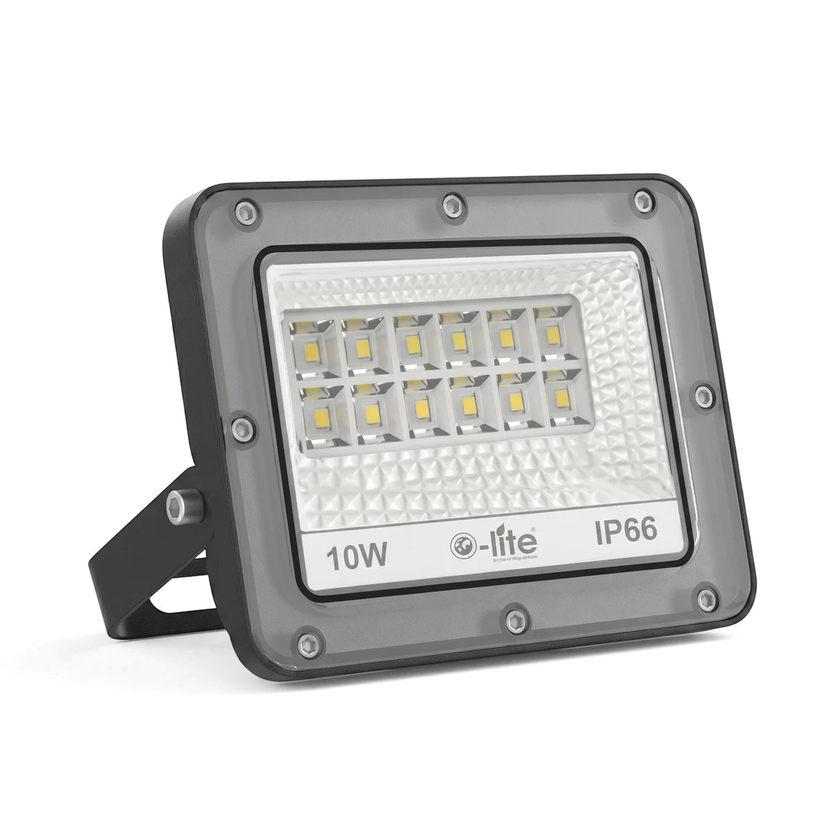 A grey 10W LED flood light, cool white, with an IP66 rating and adjustable stand, viewed at a slight angle.