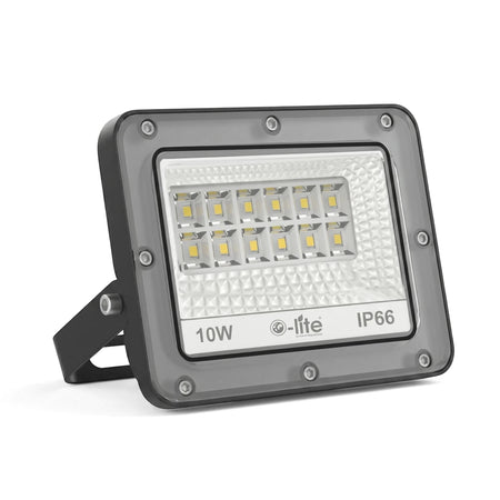 A grey 10W LED flood light, cool white, with an IP66 rating and adjustable stand, viewed at a slight angle.