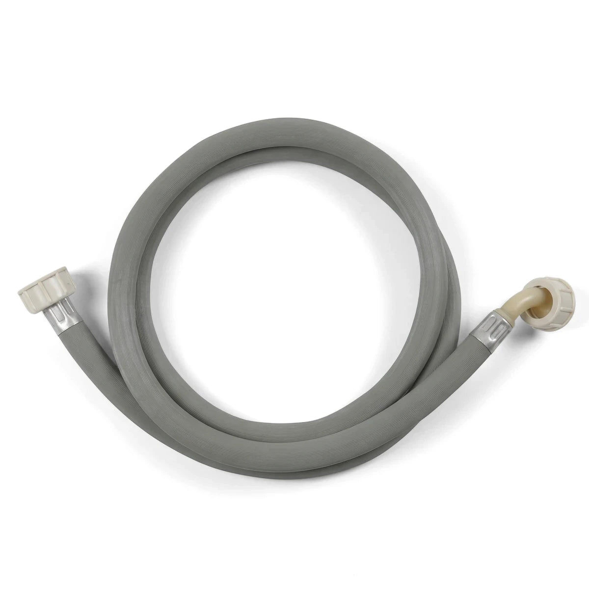 Grey 2M washing machine inlet hose with female x female threaded connectors, coiled on a white background.