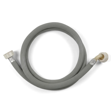 Grey 2M washing machine inlet hose with female x female threaded connectors, coiled on a white background.
