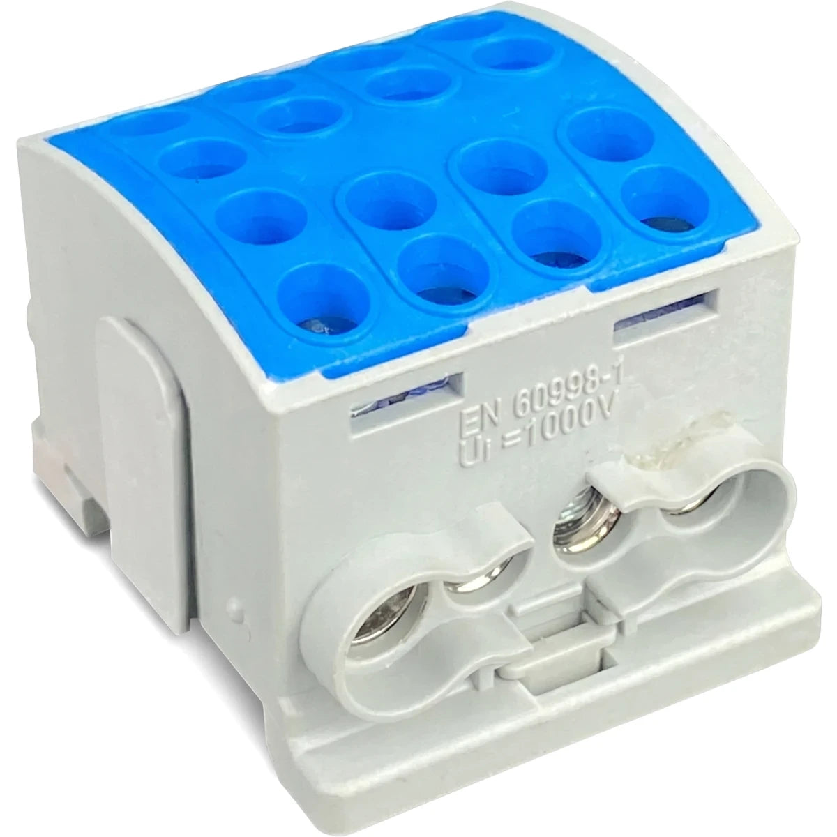 Grey and blue polymide interlockable terminal block with multiple wiring ports and metal screw terminals.