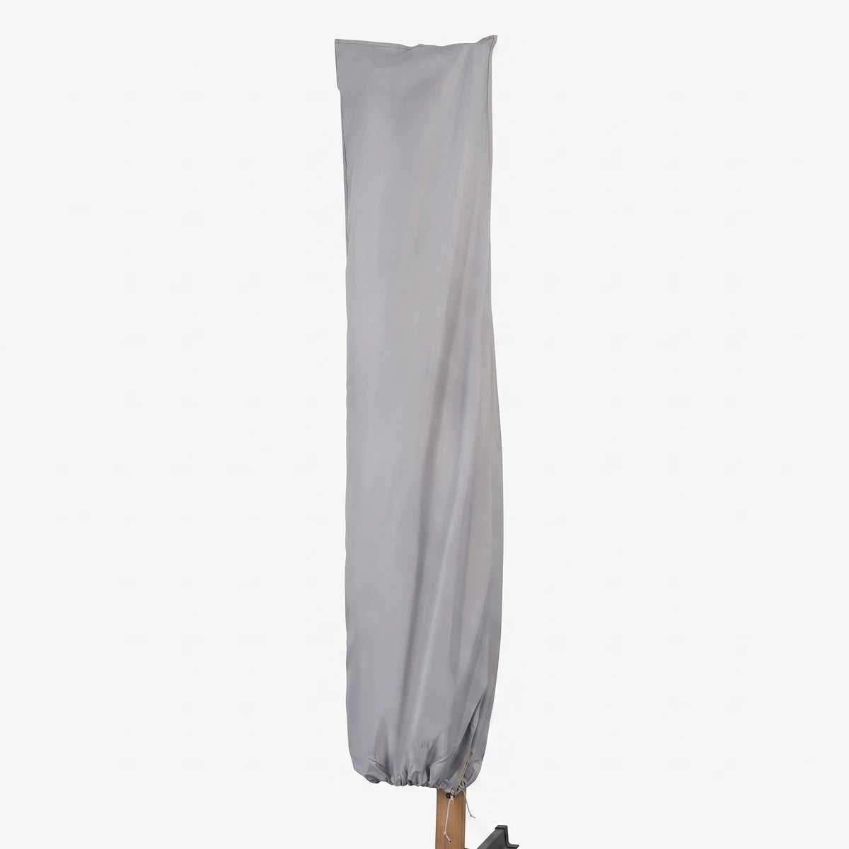 Grey fabric protective cover for a hanging patio umbrella, shown vertically with a drawstring bottom and side zipper.