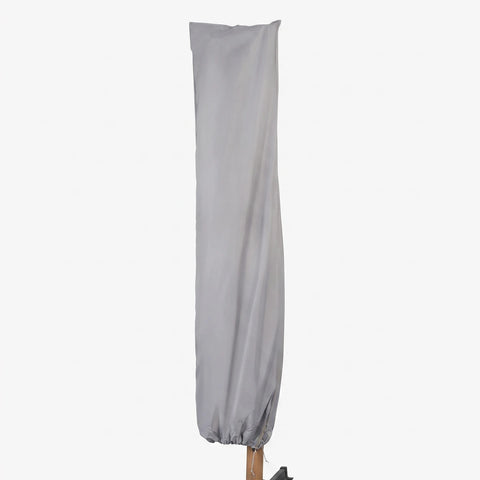 Grey fabric protective cover for a hanging patio umbrella, shown vertically with a drawstring bottom and side zipper.