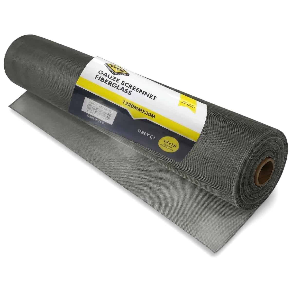 Grey fiberglass gauze screen netting roll, 1220mm by 30m, partially unrolled, shown diagonally.