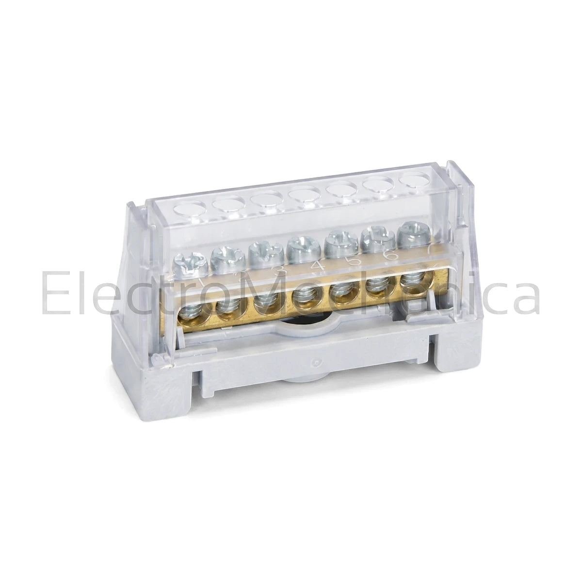 Grey insulated terminal bar with brass screw terminals and a transparent cover, an electrical distribution component.