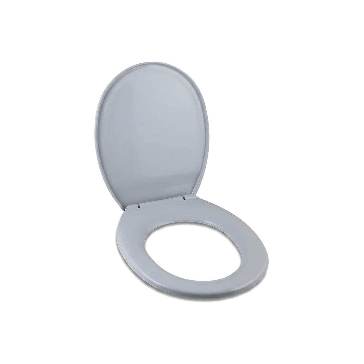 Grey oval toilet seat with an open lid, made of smooth plastic, for a modern bathroom.