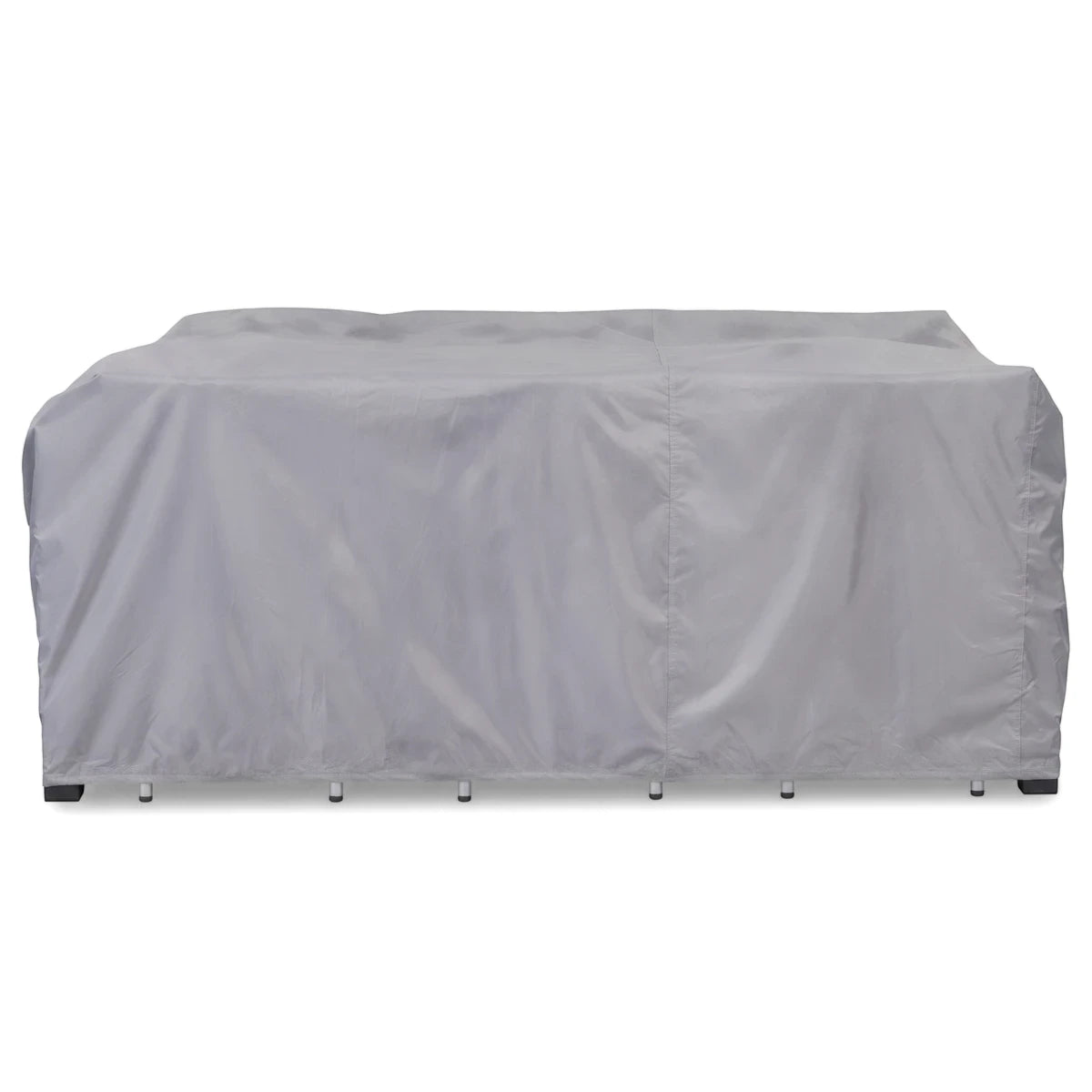 Grey protective cover for a patio furniture set, designed to shield outdoor tables and chairs from elements.