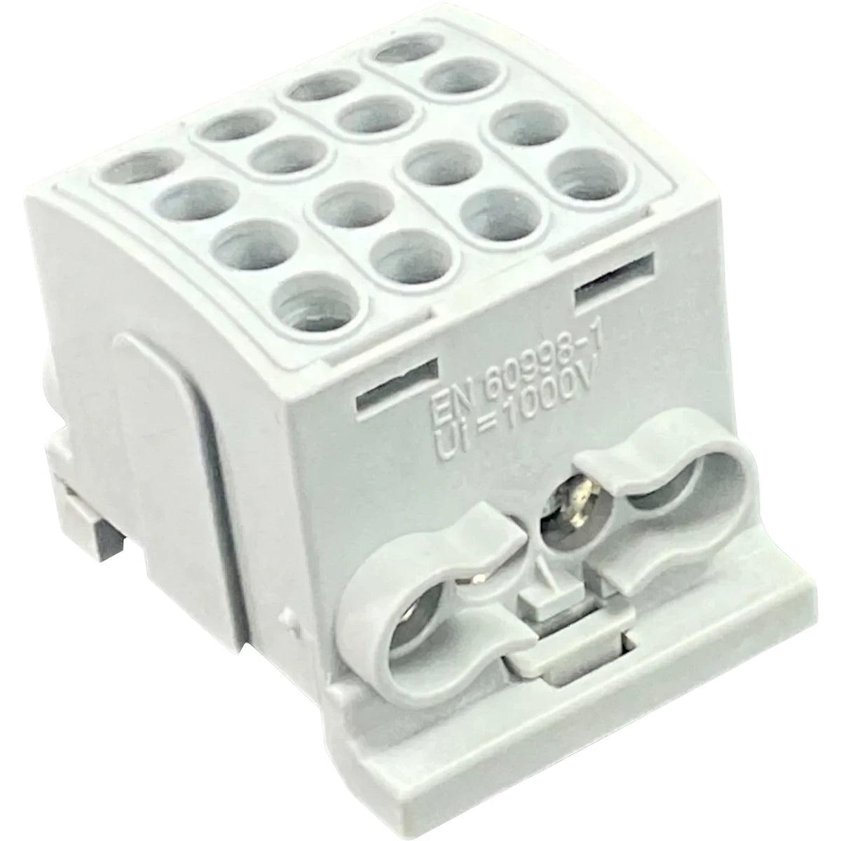 Grey polymide interlockable terminal block for DIN rail mounting, featuring multiple connection points and screw terminals,