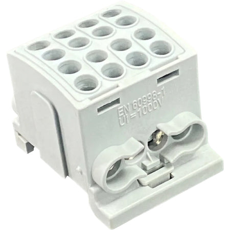Grey polymide interlockable terminal block for DIN rail mounting, featuring multiple connection points and screw terminals,