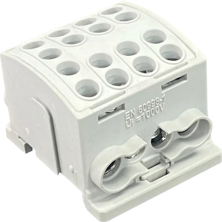 Grey polymide interlockable terminal block with multiple circular ports and two large screw terminals for Din rail mounting.