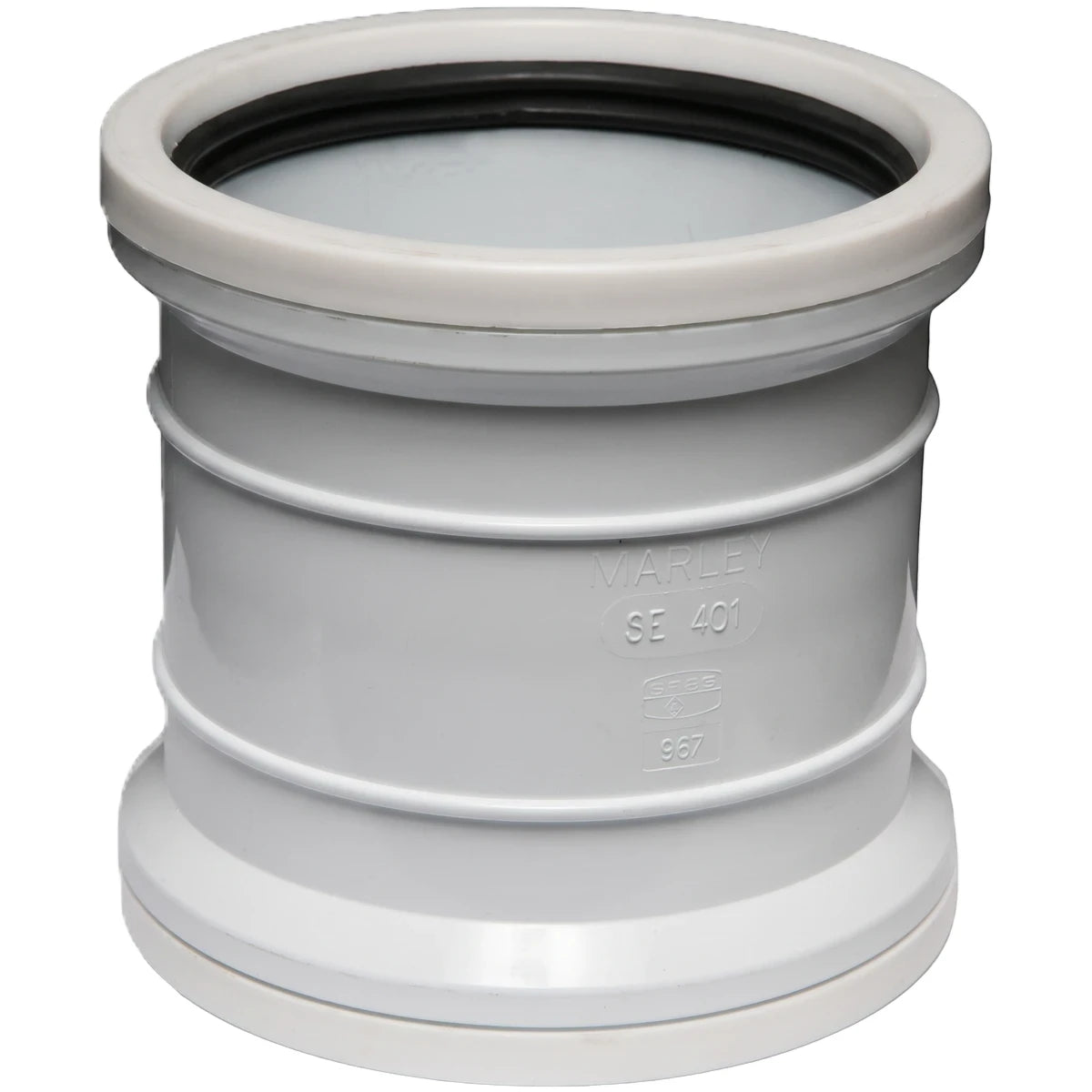 Grey PVC soil and vent double socket pipe fitting with a black rubber seal, designed for plumbing systems.