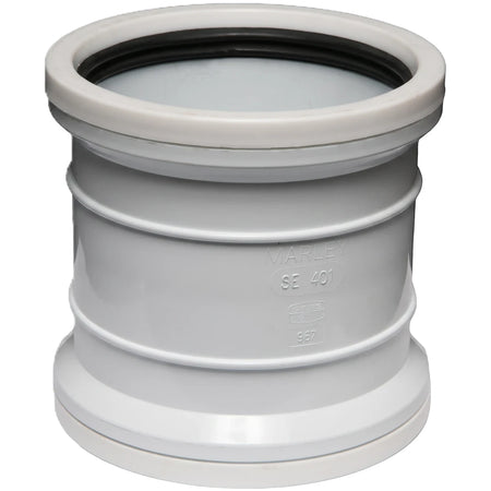Grey PVC soil and vent double socket pipe fitting with a black rubber seal, designed for plumbing systems.
