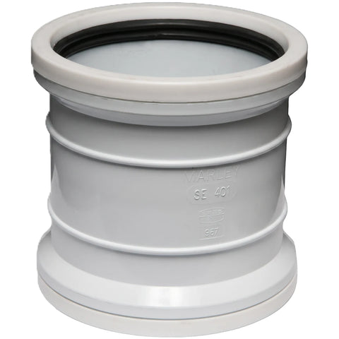 Grey PVC soil and vent double socket pipe fitting with a black rubber seal, designed for plumbing systems.