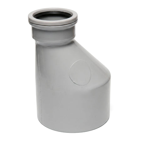 Grey PVC soil and vent eccentric reducer pipe fitting, made of plastic, shown upright on a white background.