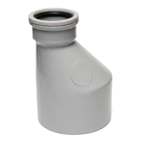 Grey PVC soil and vent eccentric reducer pipe fitting, made of plastic, shown upright on a white background.