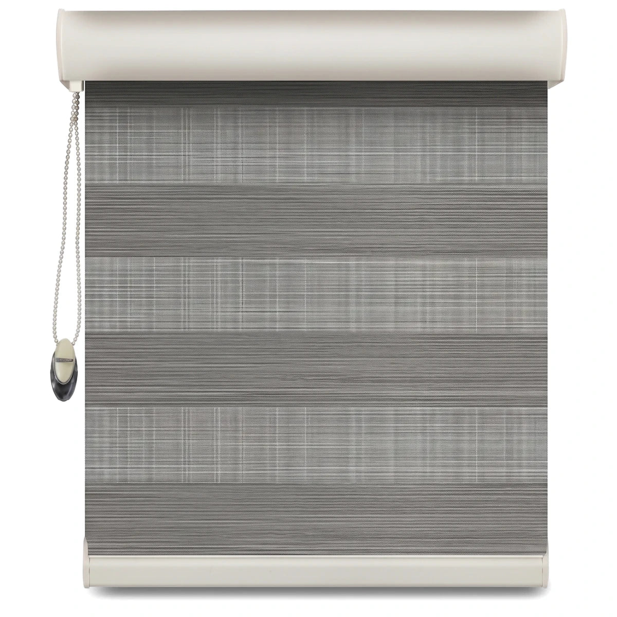 Grey striped zebra roller blinds with a white headrail and pull chain for window covering.