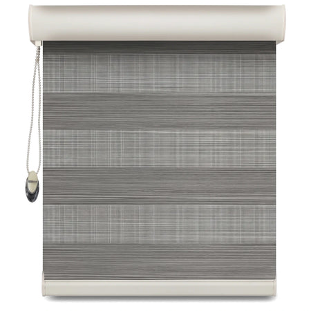Grey striped zebra roller blinds with a white headrail and pull chain for window covering.