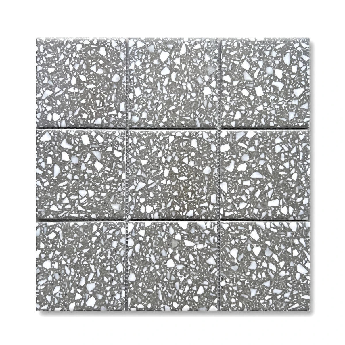 A grid of 97x97mm grey terrazzo mosaic tiles with speckled white and dark aggregate for flooring or walls.