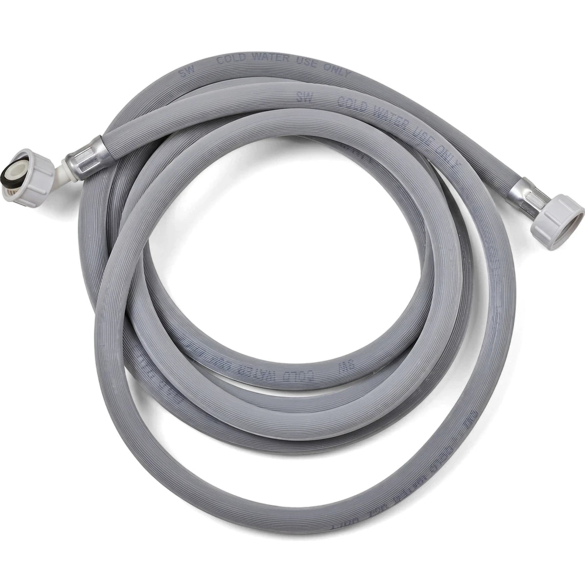 Grey 3.5M washing machine inlet hose, female to female, coiled on a white background, with 'cold water use only' text