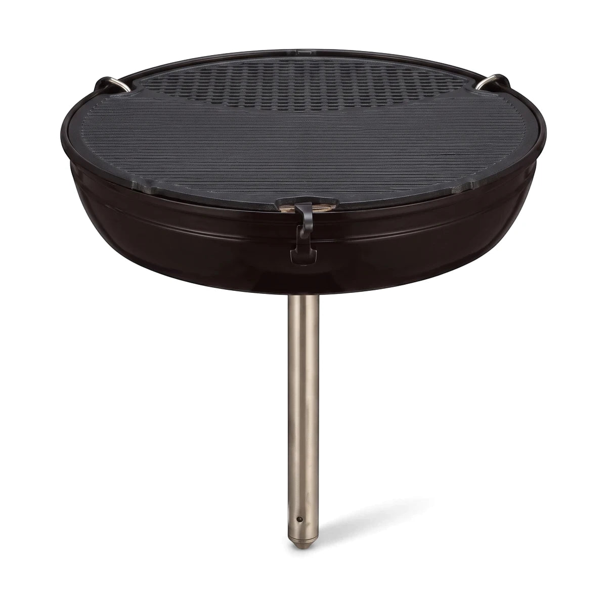 Black Grillogas Braai Gas BBQ grill on a metallic stand, featuring a round cooking surface for outdoor use.