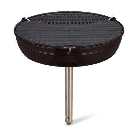 Black Grillogas Braai Gas BBQ grill on a metallic stand, featuring a round cooking surface for outdoor use.