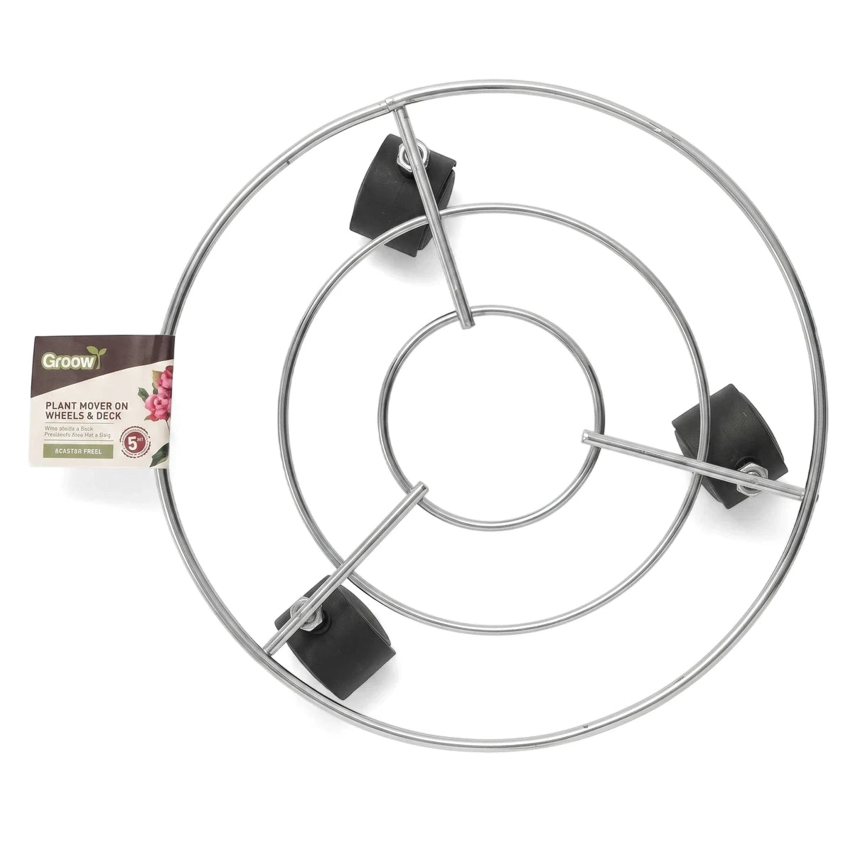Groow 30cm circular silver metal plant mover pot stand with three black wheels, viewed from above at an angle.