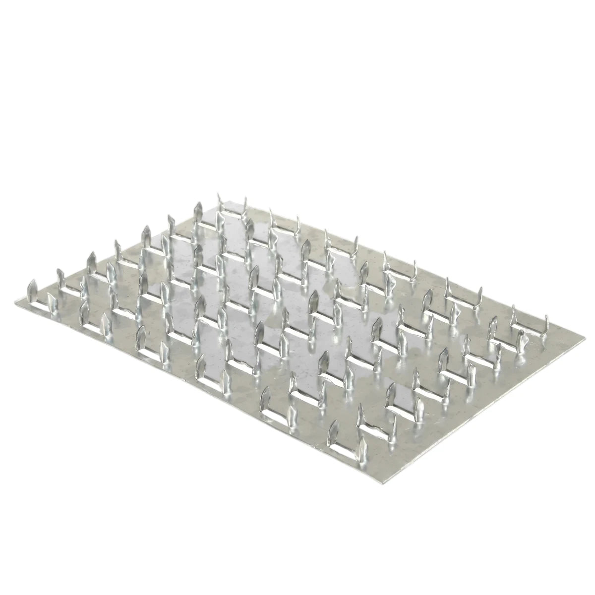 Rectangular Grypa Plate Connector, a 10x15cm silvery-gray metal plate with numerous sharp spikes, viewed from an angled