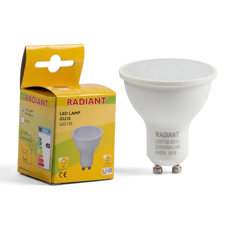 White Radiant GU10 5W non-dimmable LED lamp and its yellow and green packaging box, displayed together.