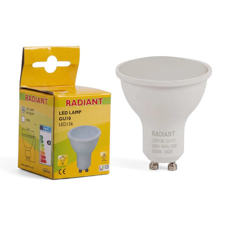 White GU10 5W non-dimmable LED bulb next to its yellow product packaging box, shown upright.
