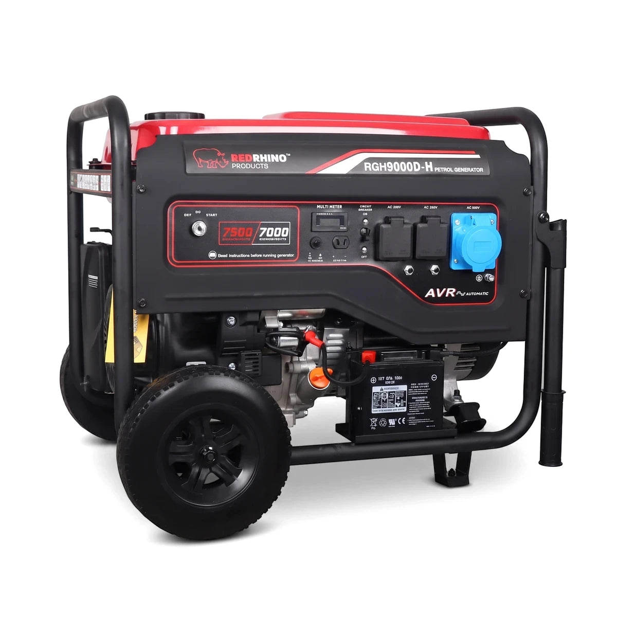 Red and black H-Type Petrol Generator with 7.7Kw output, featuring a control panel and sturdy black wheels.