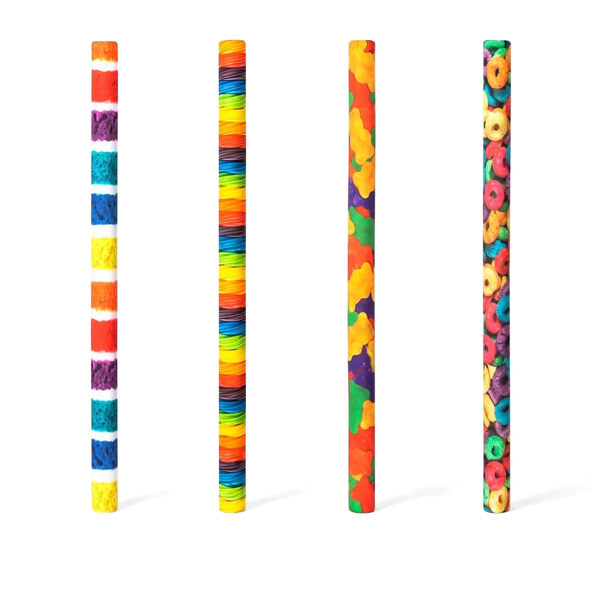 Four H2Ogo! Sugarcoated Pool Noodles with colorful candy, rainbow, gummy bear, and cereal patterns on a white background.
