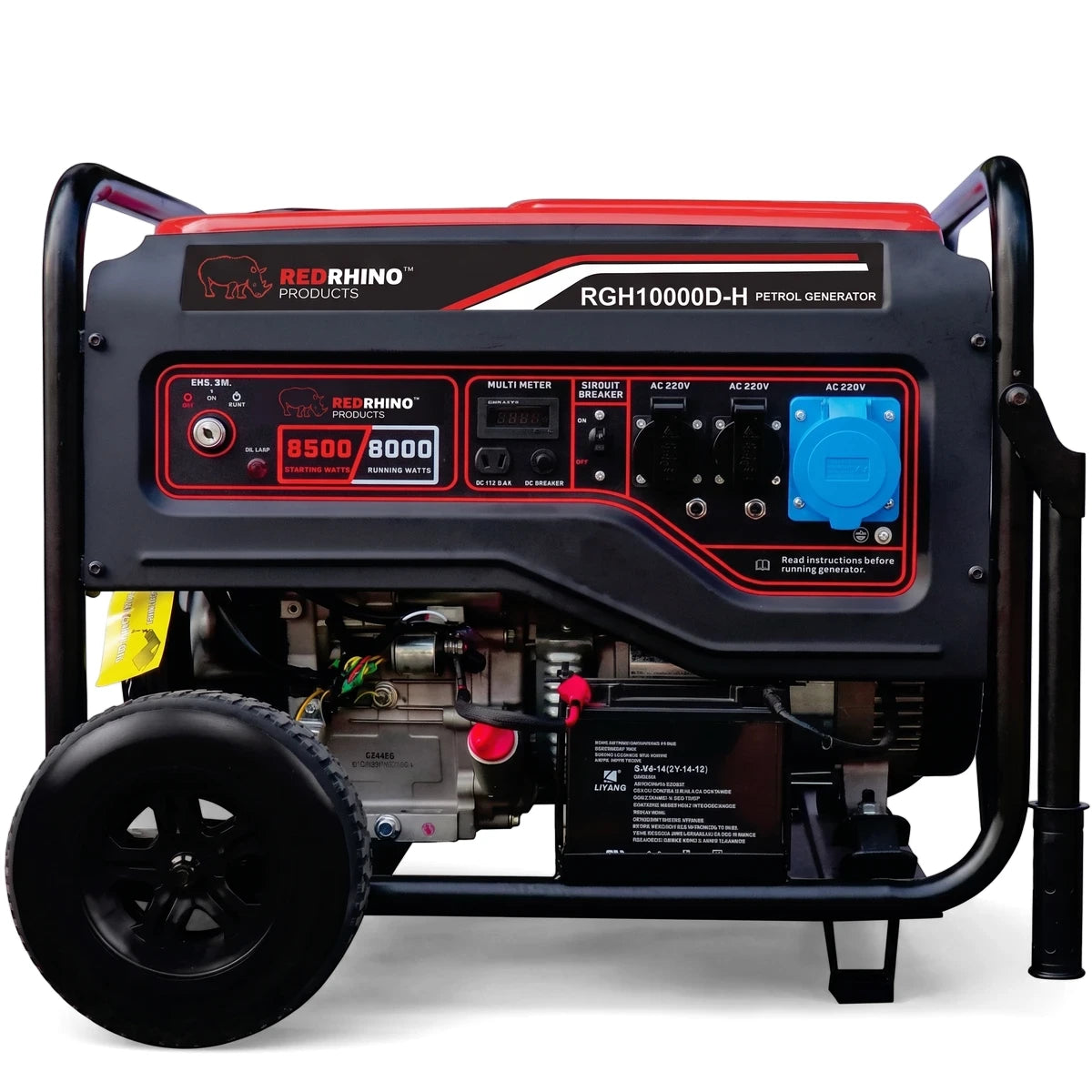 Red and black H460 Electric Start Petrol Generator - 8Kw, showing its control panel with 8000 running watts and a side wheel.