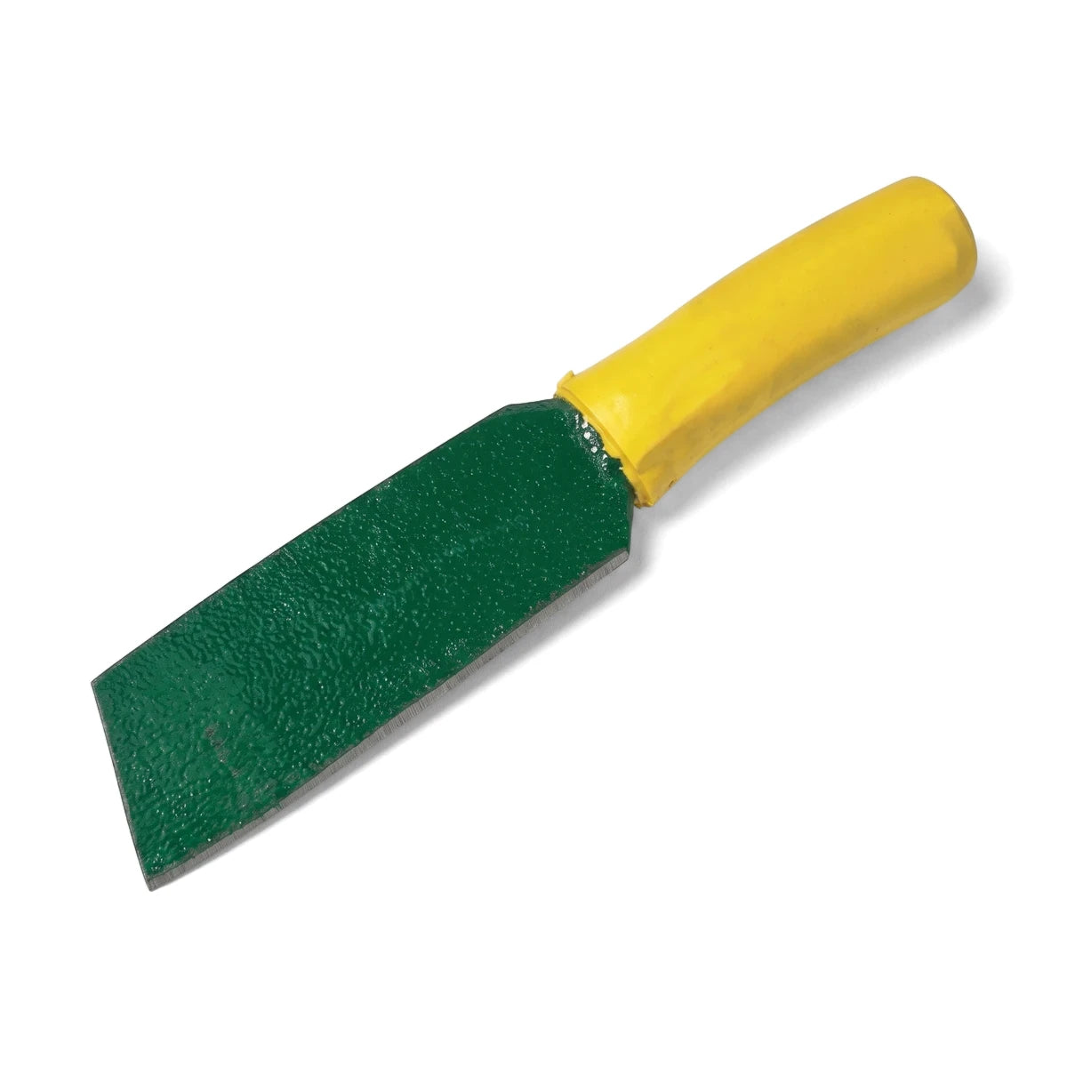 Hacking P/Handle Knife with green rectangular blade and yellow plastic handle, shown in angled side view