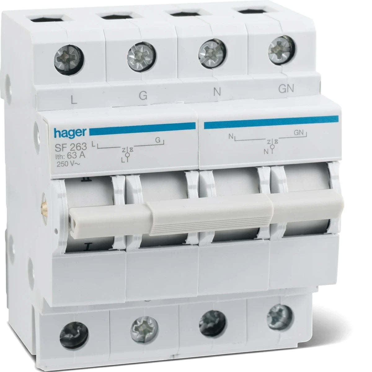 A white Hager 63A 2P 230V Din modular change over switch, showing its front and top with four selector levers.