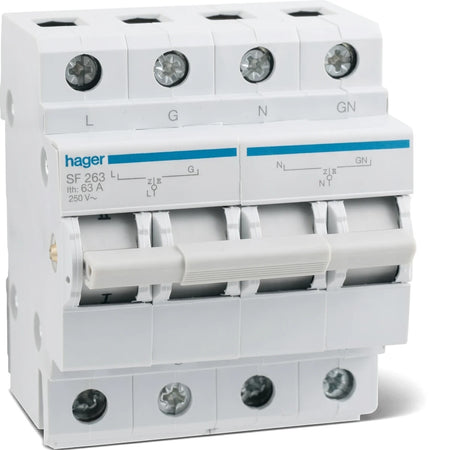 A white Hager 63A 2P 230V Din modular change over switch, showing its front and top with four selector levers.