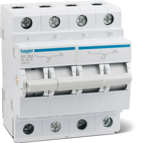 A white Hager 63A 2P 230V Din modular change over switch, showing its front and top with four selector levers.