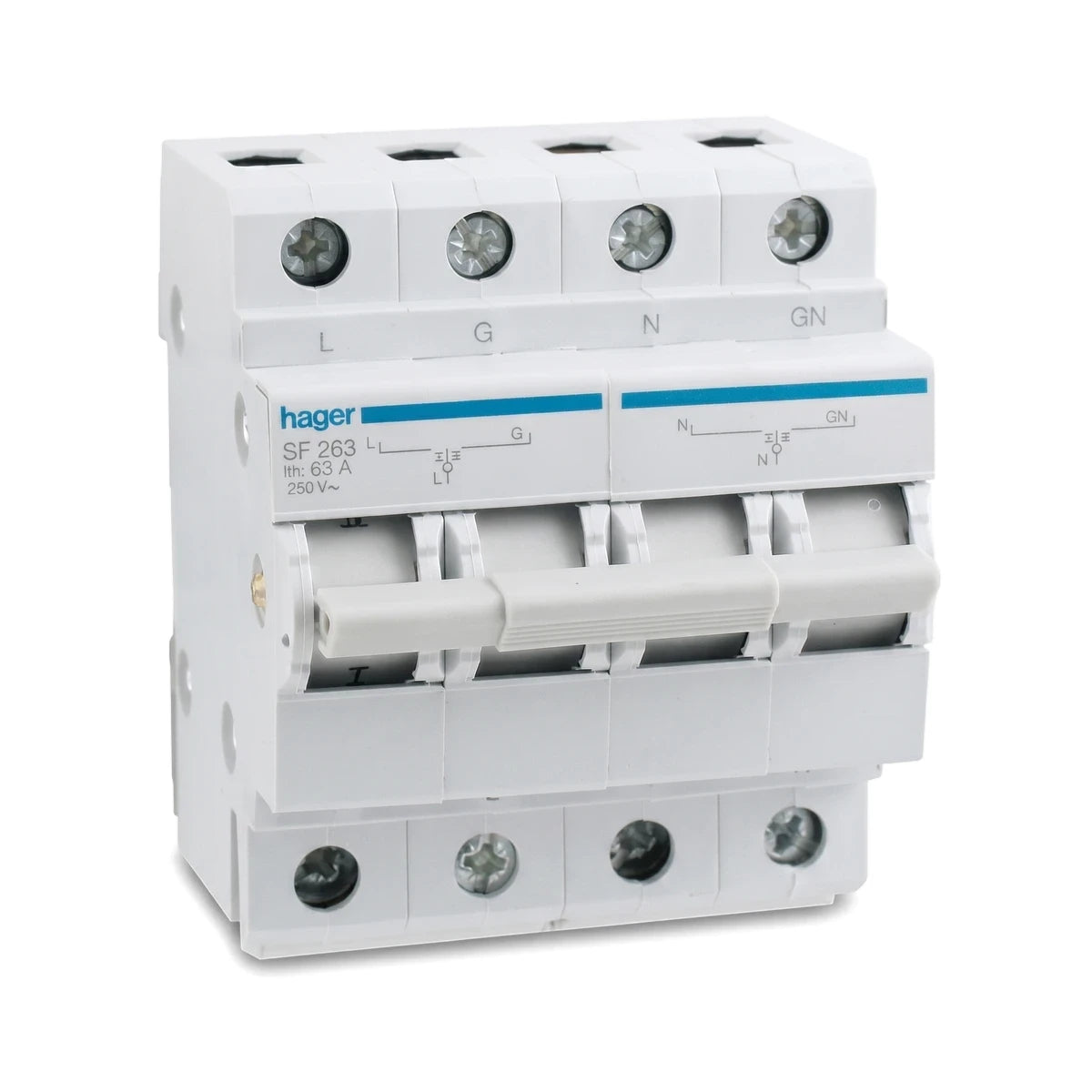 Hager SF 263 insulated terminal bar, 7 way with yellow and green earth connections, white electrical circuit component.