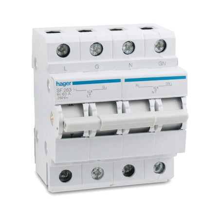 Hager SF 263 insulated terminal bar, 7 way with yellow and green earth connections, white electrical circuit component.