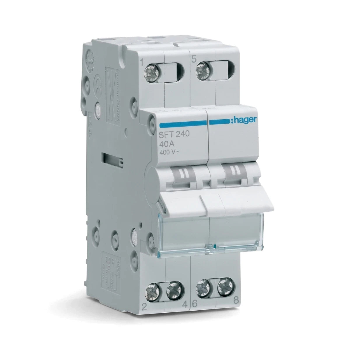 White Hager SFT 240 40A 2-pole DIN changeover switch for electrical installations, shown upright.