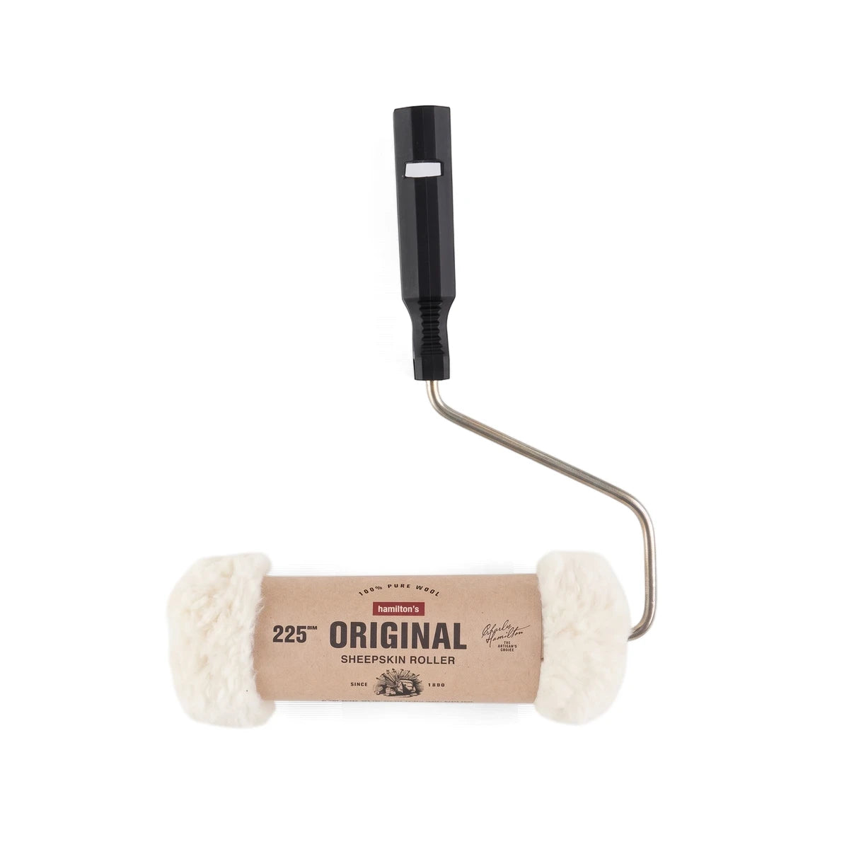 Hamilton's 225mm Original Sheepskin Roller with a black plastic handle and metal frame, featuring a natural cream sheepskin